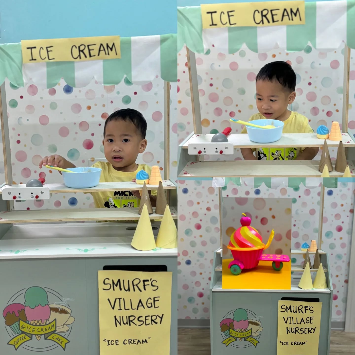 Children engaging in imaginative play at a pretend ice-cream shop, scooping pretend treats and exploring role-play activities